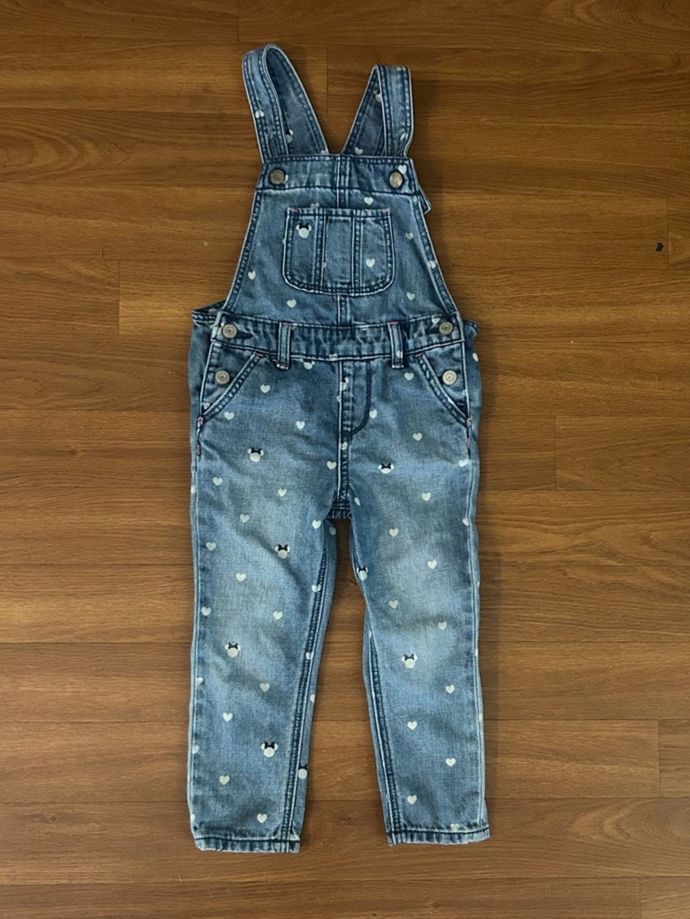 Minnie Mouse GAP Disney Denim Heart Minnie head w/bow Print Overalls 3T